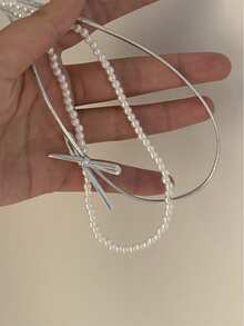 1 件全新设计双层仿珍珠蝴蝶结细节和蝴蝶结项链，独特时尚锁骨链情人节、妈妈、母亲、母亲节、礼物 - 蝴蝶結 - 查看 6