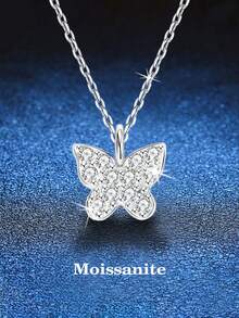 BLOVEMEE 1pc Elegant 925 Sterling Silver 0.6ct 1.4mm Moissanite Butterfly Necklace, Suitable For Women's Daily Wear, Women's Silver Jewelry, Party & Commute, Valentine's Day, Mother's Day, Birthday, Wedding Anniversary Gift - Silver - View 6