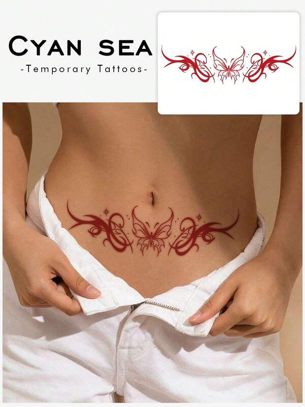 One Temporary Valentine's Day Tattoo Sticker, Y2K Style Succubus Red Butterfly Design, Waterproof, Sweatproof, Washable, Non-Reflective, Suitable For Arm And Shoulder Tattoos, Suitable For Individuals, Lasts 3-5 Days.