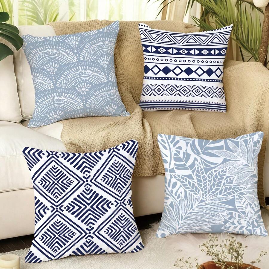 4 件套蓝白波西米亚几何花卉印花抱枕套，涤纶面料，单面印花，尺寸：17.7*17.7 英寸/19.69*19.69 英寸/15.75*15.75 英寸，棕榈叶造型抱枕套，适合家居装饰、客厅沙发，四季皆宜，礼品 - 彩色 - 查看 1