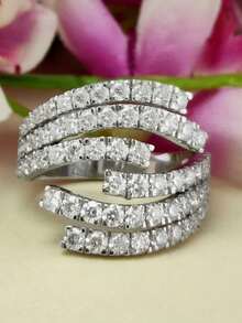 1枚奢华优雅多层设计戒指，镶嵌闪亮锆石，可调节，周年纪念及订婚首饰，婚礼订婚派对节日首饰配饰（无包装盒） - 銀色 - 查看 1