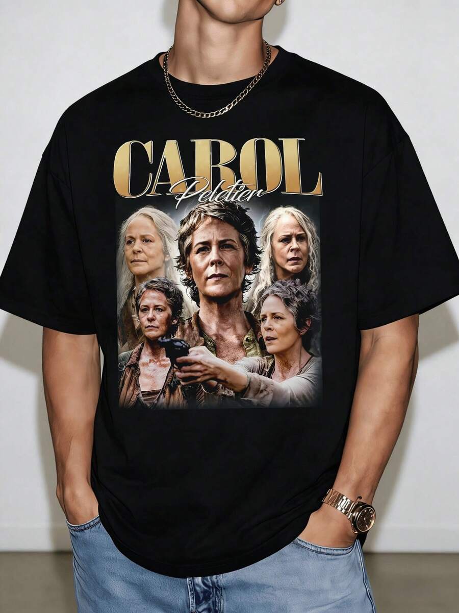Camiseta de collage de personajes vintage de Carol Peletier de The Walking Dead, 100% algodón, camiseta de apocalipsis zombi - Negro - Ver 1