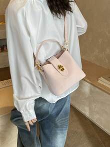 1pc Soft PU Leather Tote Bag With Metal Lock Decor, Pastel Color, Convertible Shoulder/Crossbody Bag, Gentle Style For Daily Use - Pink - View 4