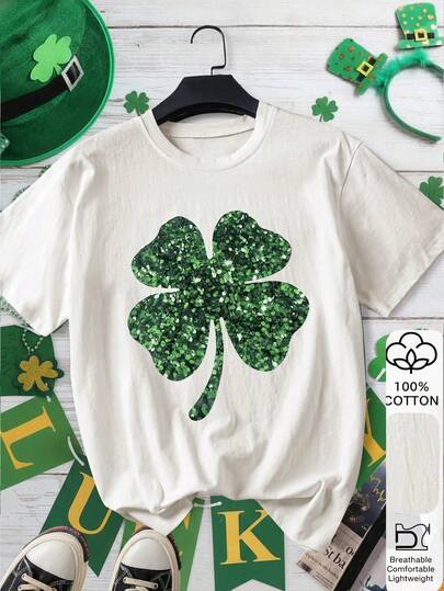 St. Patrick's Day 100% Cotton Short Sleeve T-Shirt With Four-Leaf Clover Print, Inspired By Oriental Aesthetics And Street Style In Milan 2026 - 100% Premium Cotton Short Sleeve, Lucky St. Patrick's Day T-Shirt, Easter T-Shirt, 100% Cotton St. Patrick's Day Shirt - Funny Top, 2026 Back To School, School Inspiration, First Day Of School, Retro Women Top, College Style White