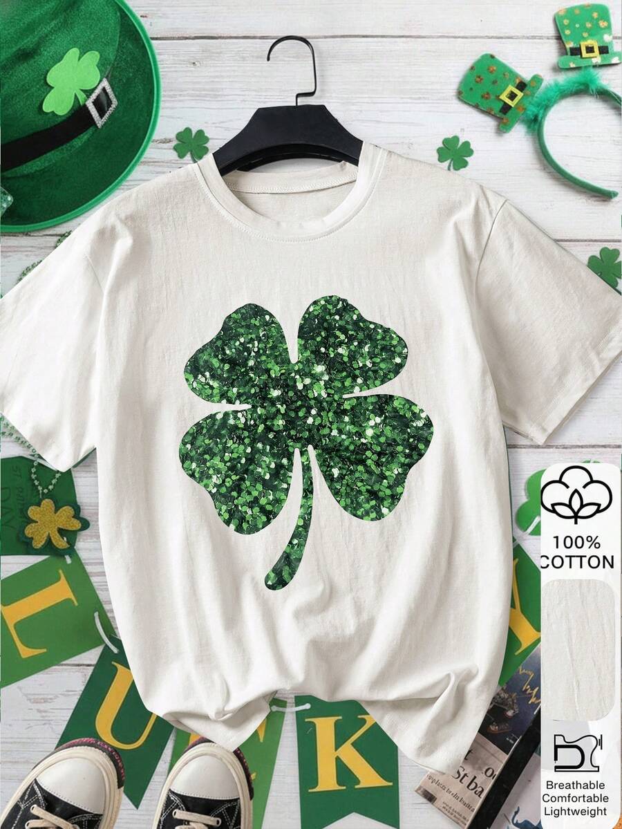 聖帕特里克節 100% 純棉短袖女款 T-shirt，三葉草印花圖案上衣，柔軟面料，純棉，休閒穿搭，夏季，度假，旅行風格，海灘氛圍，極簡節日服飾