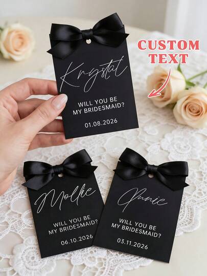 1/3pcs Custom Bridesmaid Proposal Card,Customize Text,Will You Be My Bridesmaid Card For Maid Of Honor Proposal Gift Box Minimalist Flower Girl Proposal,Maid Of Honor Proposal, Save The Date With Bow,Black Foiled Bridesmaid Proposal Card With Ribbon,Bridesmaid Proposal Card