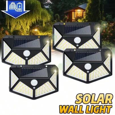 1/2/4pcs 100LED Solar Lights, Smart Light Control Outdoor Wall Lamps, Motion Sensor Security Lights, Outdoor Camping Lighting Emergency Lamps, 270° Outdoor Lighting LED Night Lights, Built-In 18650 Rechargeable Lithium-Ion Battery And Solar Panel Zero Power Consumption Charging, Suitable For Garage, Garden, Commercial Street, Area Lighting, Yard, Balcony, Landscape Decoration Lights, Wall Washer Lights, Valentine's Day, Wedding Season, Mother's Day, Christmas, Halloween, Back To School Gifts, Screws Needed To Be Purchased Separately (Product Comes With Them)