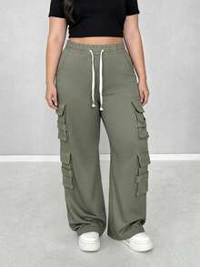 Pantalones cargo holgados para mujer, de poliéster, elásticos, con cordón en la cintura y pierna ancha, para uso informal y de fiesta. - verde militar - Ver 4