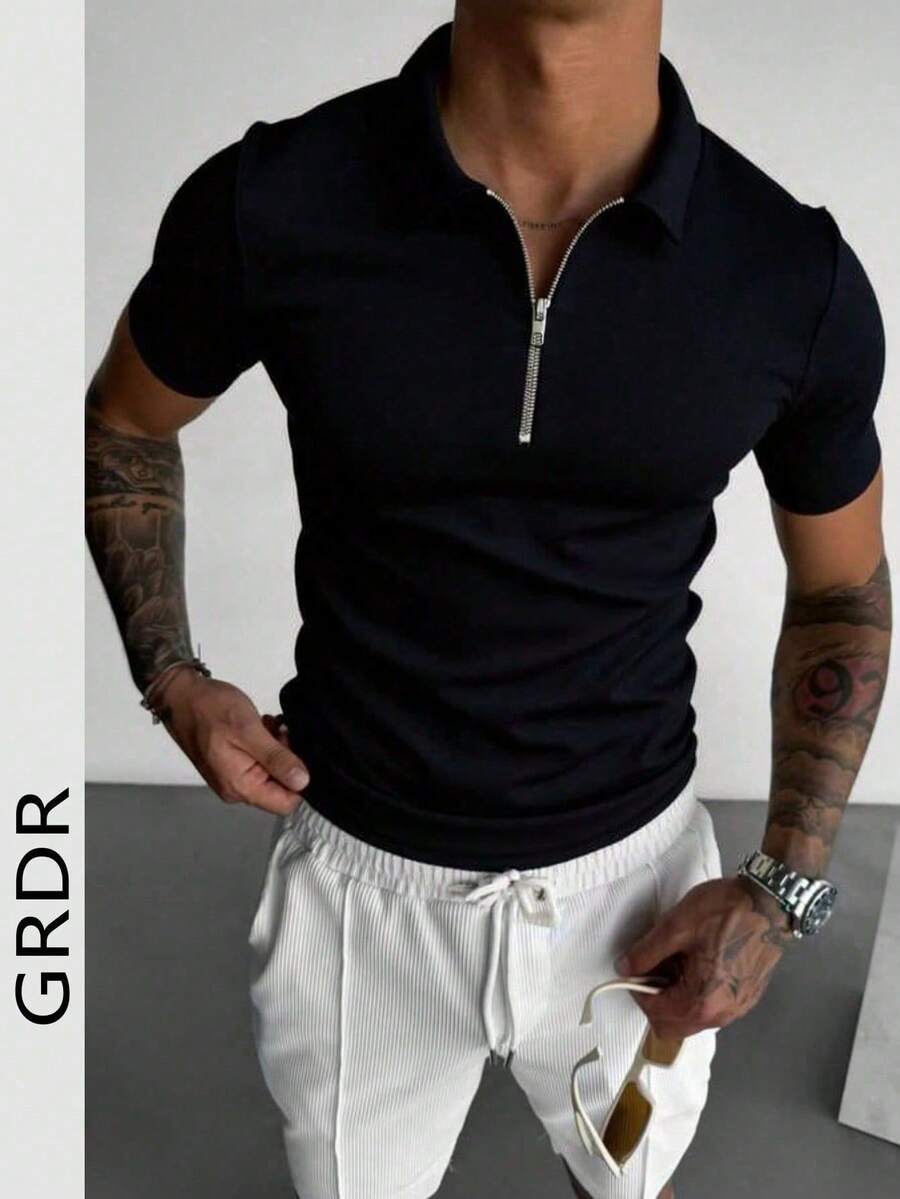GRDR Men's Summer Half Zip Polo Collar Short Sleeve T-Shirt, Suitable For Outdoor Casual Wear
