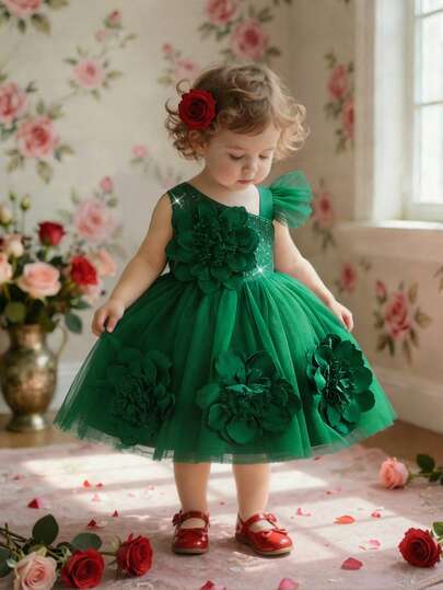 Baby Girls Sleeveless Sequin 3D Floral Mesh Cute Princess Dress, Suitable For Flower Girl, Wedding, Party, Outing, Does Not Include Headband
