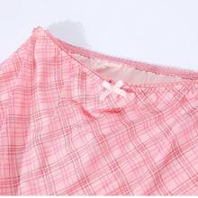 优雅休闲格子蝴蝶结网纱中长裙，粉色弹力腰紧身裙，春夏度假约会街 - 淺粉色 - 查看 5