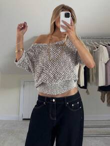 2026 Spring/Summer Fashion Women's Hollow Out Crochet Shoulder Top, Drop Shoulder Design, Casual Short Sleeve V-Neck - Grey - View 7