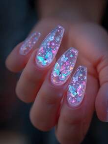 Summer Nails Pink Nails Y2k Colorful And Adorable Butterflies Press On Nails - Clear - View 7