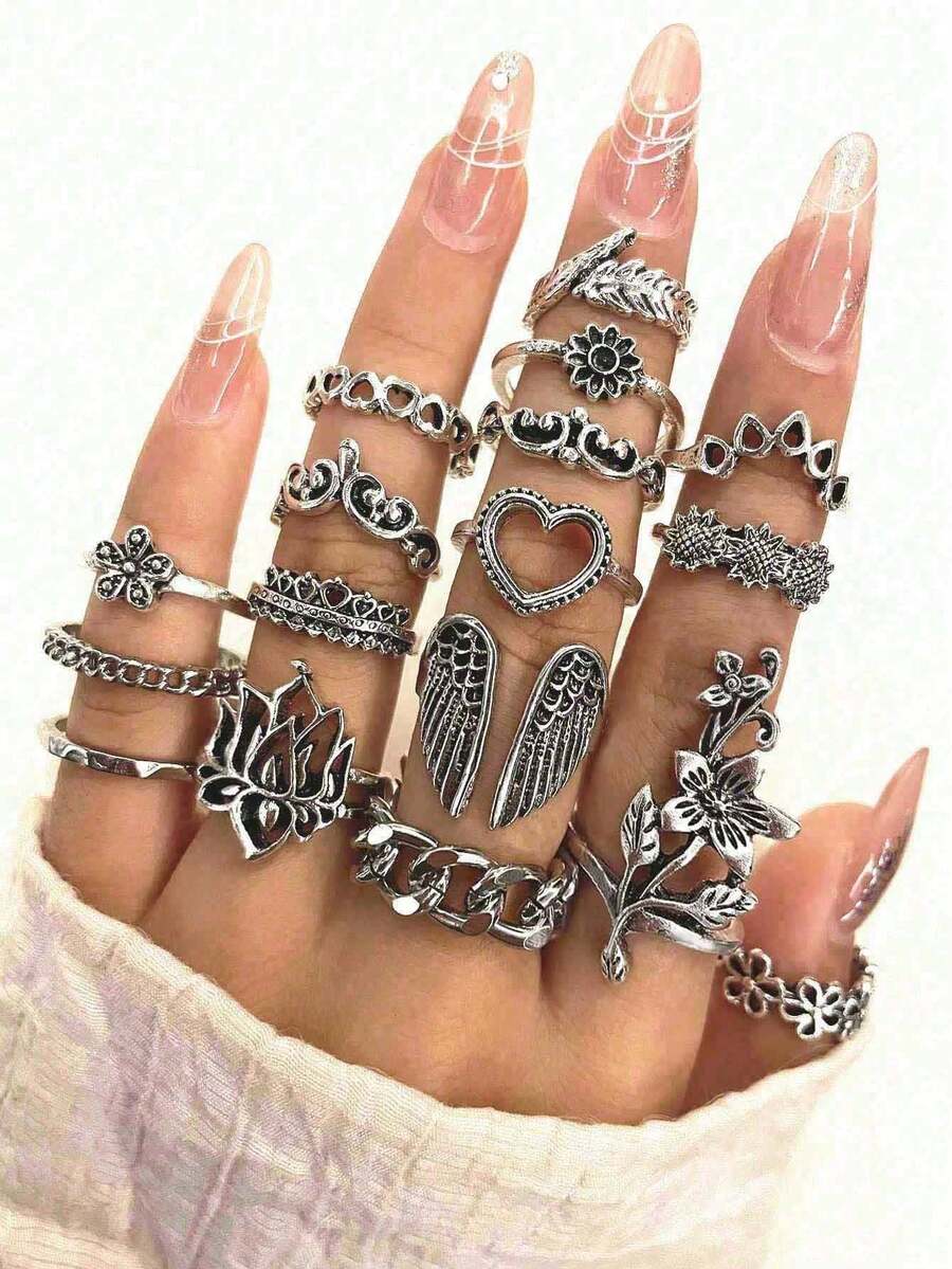 17pcs/Set Unique Flower Wings Chain Knuckle Rings Set, Gift For Women, Party Decoration - Antique Silver - View 1