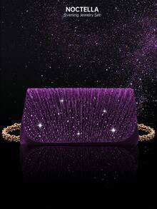 Bộ trang sức pha lê lấp lánh 4 món, bao gồm ví cầm tay xếp ly đính kim cương lấp lánh, túi xách dự tiệc và dạ hội sang trọng dành cho nữ, dây chuyền mặt dây chuyền kim cương, bông tai và vòng tay đồng bộ, thích hợp cho các buổi tiệc, bữa tối trang trọng, họp mặt và dạ hội. - Màu tím - Xem 2