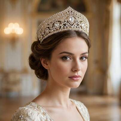 一件复古红宝石色水晶头饰，优雅水滴形宝石头饰，适合舞会和晚礼服，金色巴洛克女王皇冠，适合婚礼和万圣节派对