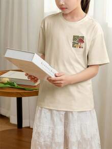 Tween Girls Students Casual Printed Round Neck Short Sleeve T-Shirt, Summer Top - Apricot - View 8