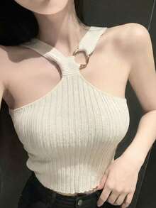 New Sexy Minimalist Style Cropped Fitted Spaghetti Strap Knit Camisole Top, Spring/Summer - Apricot - View 2