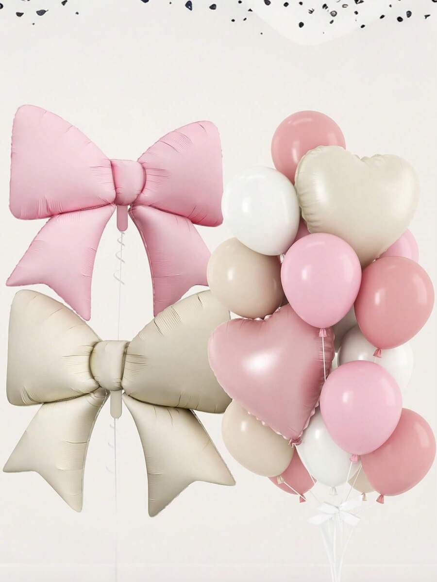 Pink & Beige Bow Heart Shaped Balloons, Pink Baby Pink Cream White Latex Balloons, Giant Bow Helium Foil Balloons, 18 Inch Heart Shaped Balloons, Girl Birthday Engagement Party - Multicolor - View 1