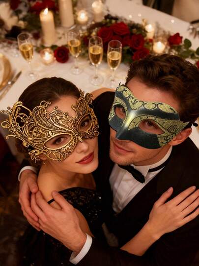 2 pezzi/Set Maschera di lusso dorata da Masquerade, Maschera veneziana per Natale, Ognissanti, Costume da Carnevale, Ballo in Maschera romantico per coppie, Unisex, Regalo di San Valentino