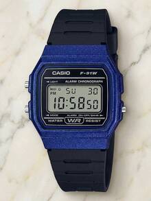 Casio 男士复古金属蓝色数字手表，经典方形表壳搭配黑色树脂表带，运动闹钟腕表 F-91WM-2A - 藍色 - 查看 10