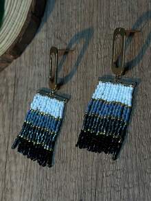 AHAYA Metal Hoop Seed Bead Tassel Earrings, Bohemian Glass Bead Creative Handmade Jewelry, Ombre Dangle Earrings Suitable For Daily, Casual, Beach Wear - Black - View 8