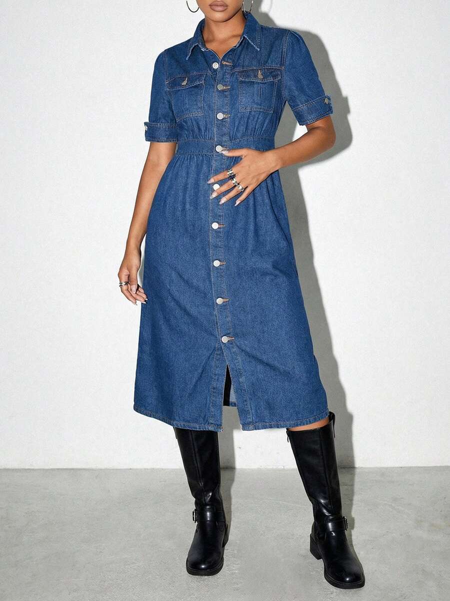 Women's High Waisted Denim Shirt Dress - Short Sleeve Button Front Midi Dress Soho Minimalist Aesthetic - 深色水洗藍 - 查看 1