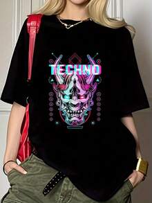Camiseta de cuello redondo y hombros caídos con divertidos estampados circulares. - Negro - Ver 2