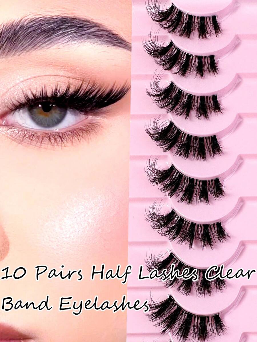 10 Pairs 3D Faux Mink False Eyelashes, Natural Long Full Strip Half Eye Lashes, Transparent Stem Short Imitation Mink Eyelashes, Makeup Thick Lashes