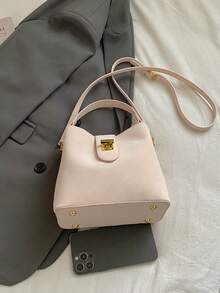 1pc Soft PU Leather Tote Bag With Metal Lock Decor, Pastel Color, Convertible Shoulder/Crossbody Bag, Gentle Style For Daily Use - Pink - View 6