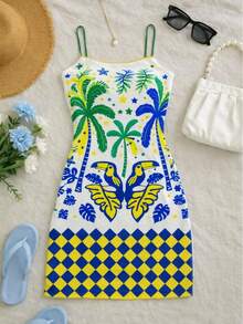 Fitted Dress With Toucan And Palm Tree Print, Beach Style, Spring And Summer, World Cup 2026 - White - View 1