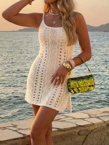 女士夏季欧美针织沙滩度假波西米亚风性感透视开衩沙滩罩衫钩针背心露脐吊带裙 - 白色 - 查看 4