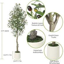 Olivo artificial de alto, planta de seda falsa para interior con tronco realista, hojas, frutas y maceta blanca, árbol de imitación en maceta para decoración del hogar y regalo de - 1,5 m - 1 pieza - Ver 2