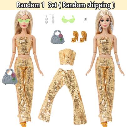 30厘米娃娃配件套装：金色上衣、裤子、耳环、眼镜、鞋子、包包、手镯随机搭配，公主玩具生日/节日礼物（不含娃娃）