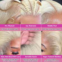 巴西人发混纺波浪假发 - 13x4 高清蕾丝前额,200% 高密度预拔毛无胶前额假发,613 号色,蓬松卷发,无需胶水,即戴即用 - 613 - 查看 5