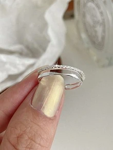 1枚S925纯银极简扭曲双层戒指，女士精致镂空立方氧化锆开口戒指 - 雙層 - 查看 3