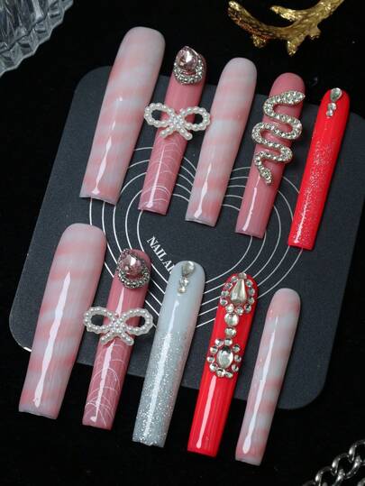 CrystalHola Valentine's Day Nails, Spring|Summer Nails, 10 Pcs Handmade Press-On Nails, French Tip Nails, Bedazzling Kits, Extra Long Ballet Nails, Pink Nails With Rhinestones, Cute Nails, Y2K, Suitable For Music Festivals, Parties, And Everyday Wear, A Good Gift For Girls And Women. Handmade Press On Nails