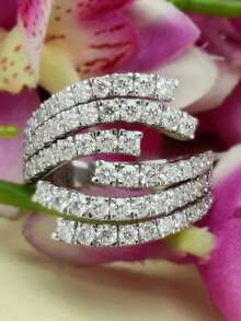 1枚奢华优雅多层设计戒指，镶嵌闪亮锆石，可调节，周年纪念及订婚首饰，婚礼订婚派对节日首饰配饰（无包装盒） - 銀色 - 查看 3