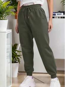 Pantalón deportivo joggers dama mujer jaretas puños cintura elástica cómodos frscos ligeros ajustables modernos juveniles diario casa día noche casuales diario athleisure pans pants lisos resorte - Verde militar - Ver 3