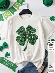 聖帕特里克節 100% 純棉短袖女款 T-shirt，三葉草印花圖案上衣，柔軟面料，純棉，休閒穿搭，夏季，度假，旅行風格，海灘氛圍，極簡節日服飾 - 白色 - 查看 3