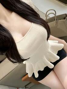 New Spring/Summer Korean Style Women Slim Fit Ruffle Trim Knit Top - Apricot - View 2