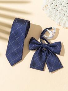 2pcs Classic All-Season Versatile Collegiate & Streetwear Style Shirt Accessories Set: Plaid Tie & Lapel Flower - Multicolor - View 6