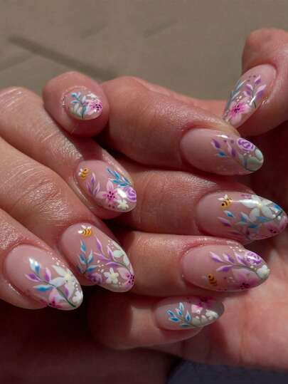 Spring/Summer Nails, 24 Pieces/Set Oval-Shaped Spring/Summer Minimalist Fresh Floral Press-On Short Nails Suitable For Sassy Girls, Office Ladies, Parties, Dates, Everyday Wear, And Special Occas