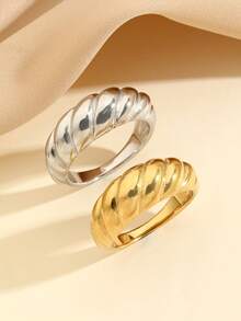 2pcs Stainless Steel Stylish Simple Golden Silver Croissant Shape Casting Ring Set, Suitable For Women's Daily Dress Or Gift Giving - Multicolor - View 6