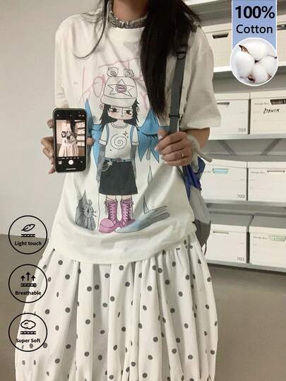 软妹风涂鸦印花T恤，宽松休闲短袖女式上衣，夏季款