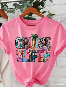 Women "Cruise Life" Summer Vibe Letter Print Short Sleeve Crew Neck T-Shirt-White And Navy Off-The-Shoulder Cropped Top Thanksgiving And Christmas - 粉色 - 查看 1