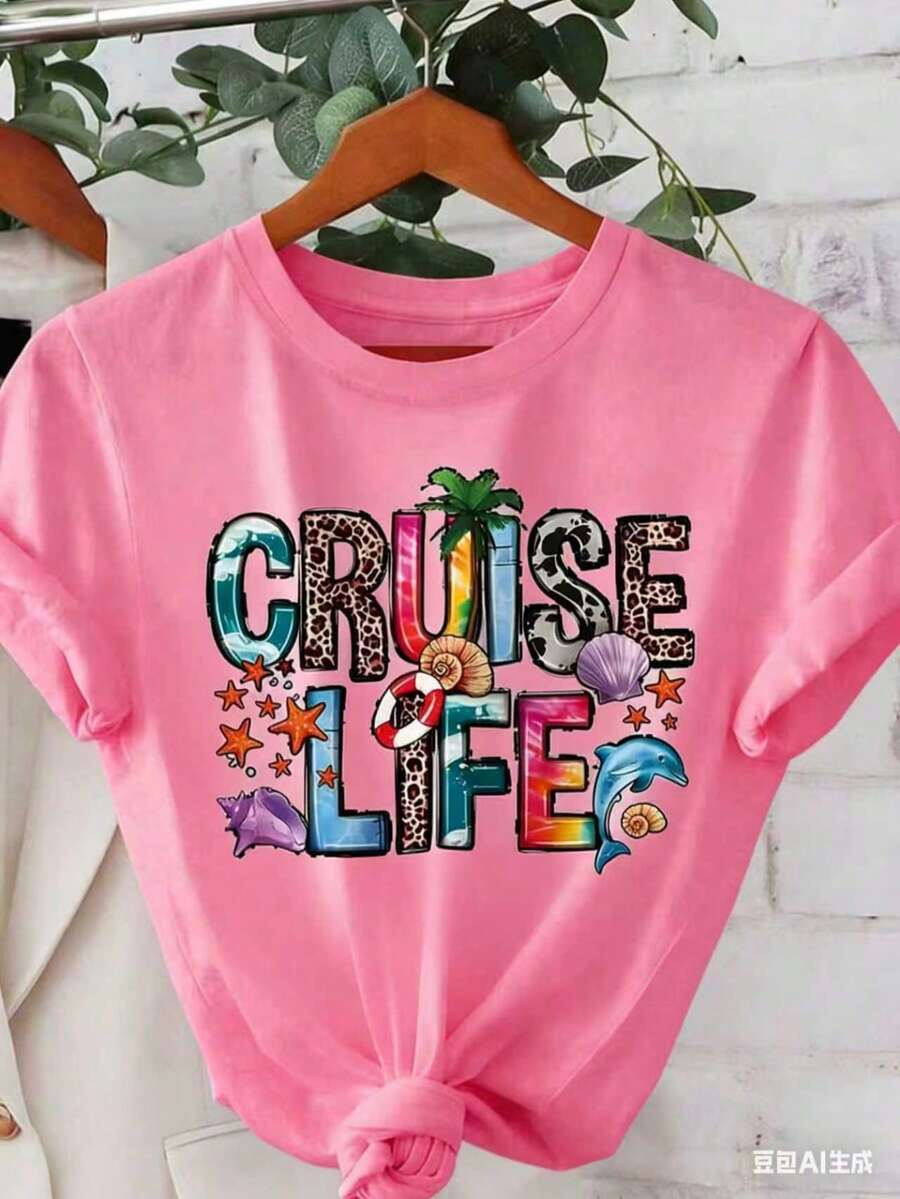 Women "Cruise Life" Summer Vibe Letter Print Short Sleeve Crew Neck T-Shirt-White And Navy Off-The-Shoulder Cropped Top Thanksgiving And Christmas - 粉色 - 查看 1