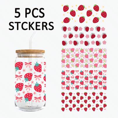 5张草莓雏菊主题UV DTF杯贴，防水防刮3D水晶贴纸，适用于16盎司玻璃杯、马克杯、工艺品，非常适合装饰个人物品（4.3英寸 x 9.4英寸）