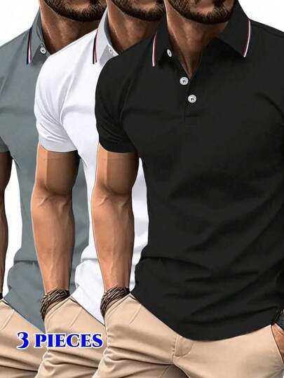 3pcs Men's Fashionable Versatile Polo Shirts, Breathable Comfortable Short Sleeve Tops, Casual Business Polo T-Shirts For Summer Outdoor Sports