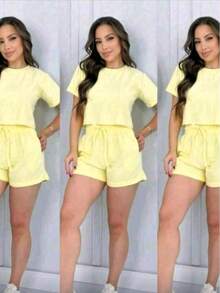 Cropped Top And Sweat Shorts Set, Comfortable Fit And Casual Style. - 黃色 - 查看 2